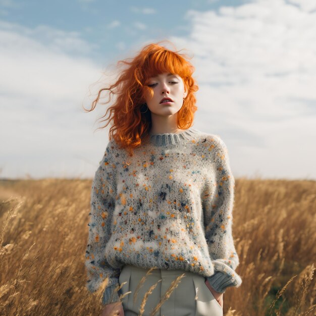 Portrait of a beautiful redhead woman in a field of wheat