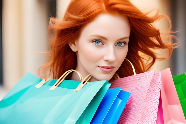 Portrait of an beautiful redhead woman holding many shopping bags on blurred shopping mall