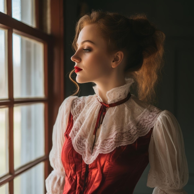 Photo portrait of a beautiful redhead woman in a red dress looking out the window