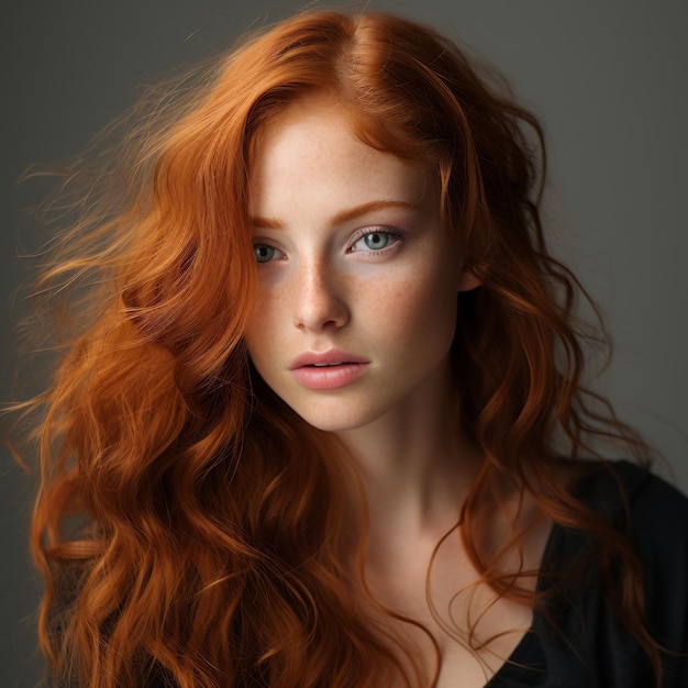 portrait of a beautiful redhead woman with long wavy hair on grey background