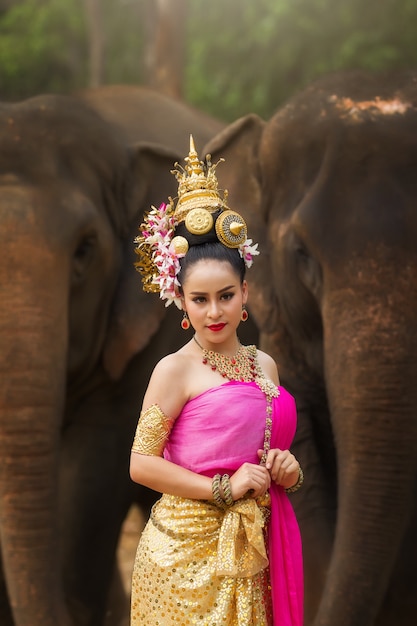 Portrait of Beautiful rural thai woman wear thai dress.