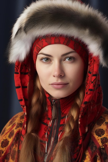 Portrait of a beautiful Russian girl in a red coat and a fur cap