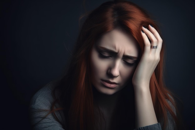 Portrait of a beautiful sad young woman with long red hair Generative AI