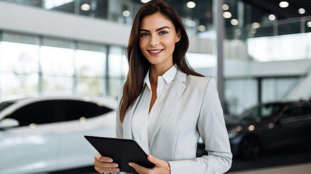 Portrait of beautiful saleswoman holding tablet and smiling at car showroom