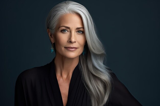 Portrait of a beautiful Scandinavian woman with long grey hair Beauty concept