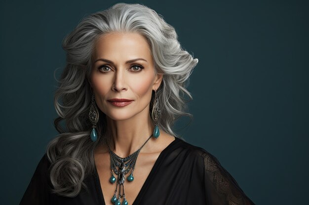 Portrait of a beautiful Scandinavian woman with long grey hair Beauty concept