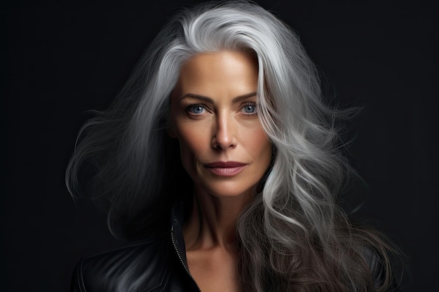 Portrait of a beautiful Scandinavian woman with long grey hair Beauty concept