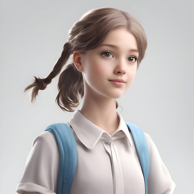 Portrait of a beautiful schoolgirl with a blue backpack on a gray background