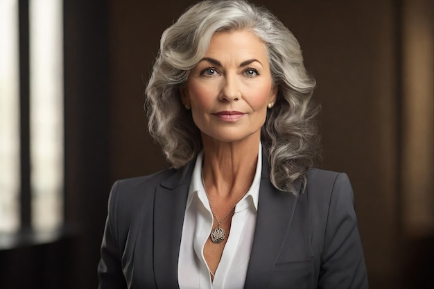 Portrait of a beautiful senior businesswoman with gray hair and makeup