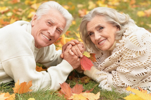 portrait of beautiful senior couple in the park on grass