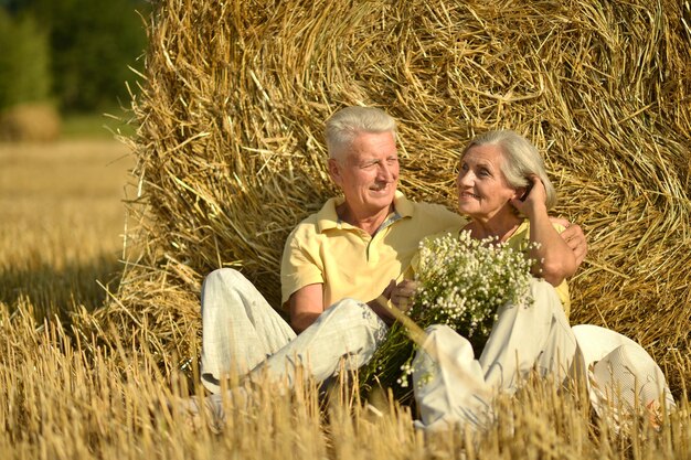 Portrait of beautiful senior couple sitting on straw