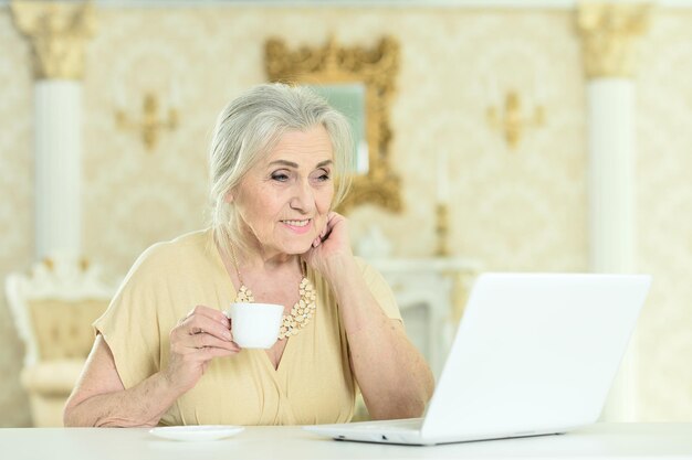 Portrait of beautiful senior woman sitting at table