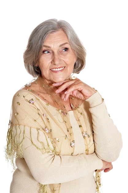 Portrait of beautiful senior woman on white background