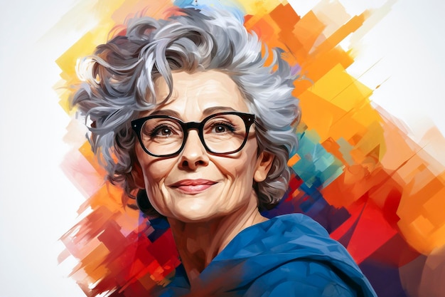 Portrait of a beautiful senior woman with glasses against colorful background Watercolor painting