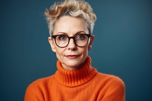 Portrait of beautiful serious middle aged woman keeps hands crossed wears spectacles and orange swe