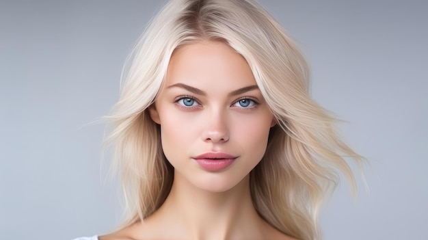 Photo portrait of a beautiful sexy caucasian woman with perfect skin and white long hair on a white