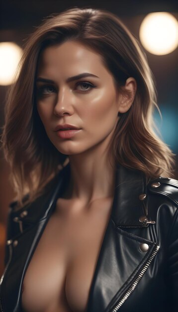 Portrait of a beautiful sexy dominant woman wearing leather