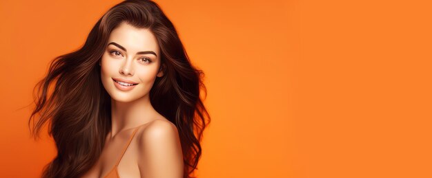 Photo portrait of a beautiful sexy happy smiling woman with perfect skin and long hair on a orange backgr