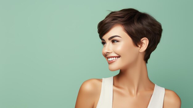 Portrait of a beautiful sexy smiling Caucasian woman with perfect skin and short hair on light gre