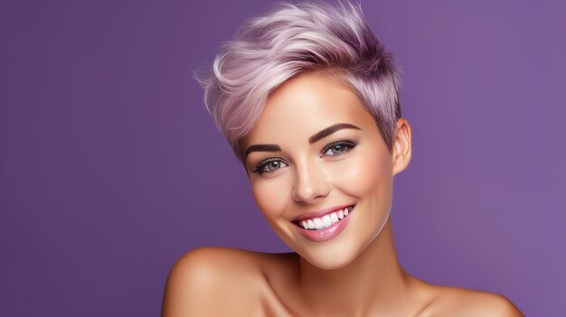 Portrait of a beautiful sexy smiling Caucasian woman with perfect skin and short haircut on a purpl