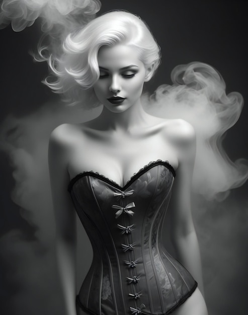 Photo portrait of beautiful sexy woman in black corset with smoke