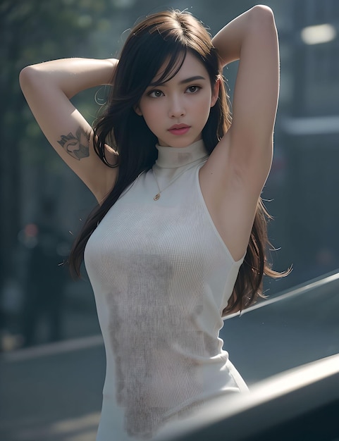 Portrait of a beautiful sexy woman show her armpit