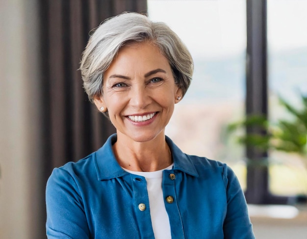 portrait of beautiful smiling 55 year old woman with white grey hair looking at the camera indoor ho