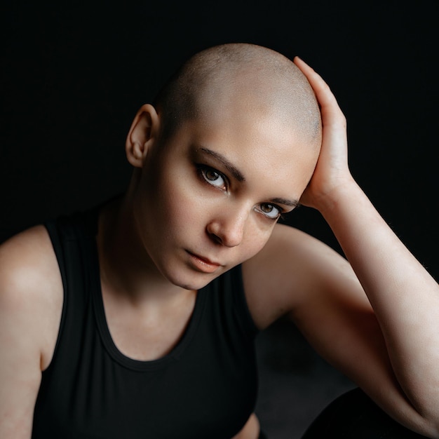 Portrait of a beautiful smiling bald woman studio shot on dark\
background