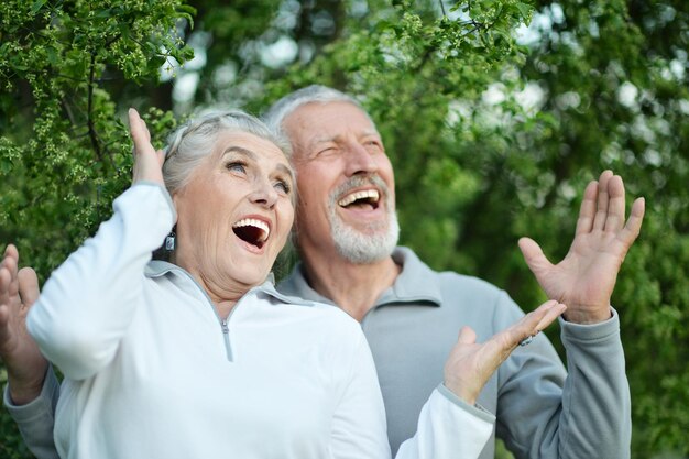 Portrait of beautiful smiling exited senior couple