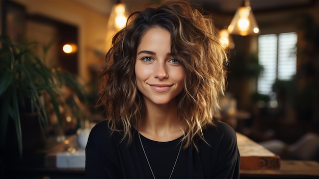 Portrait of beautiful smiling woman in cafe late at night Entertainment and relaxation concept AI generated