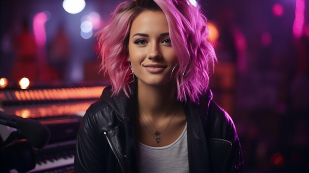 Portrait of beautiful smiling woman in cafe late at night