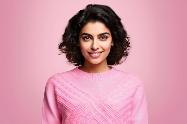 Portrait of a beautiful smiling young woman in pink sweater over pink background