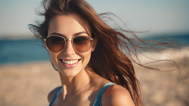 Портрет красивой улыбающейся молодой женщины в солнцезащитных очках на море и пальмах на заднем плане