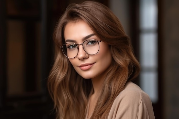 Портрет красивой улыбающейся молодой женщины в очках, позирующей перед копировальным пространством