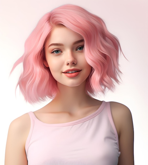 Foto ritratto di una bella giovane donna sorridente con i capelli corti rosa e un piercing al naso su bianco