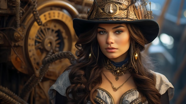 Portrait of a beautiful steampunk woman and environment wallpaper format