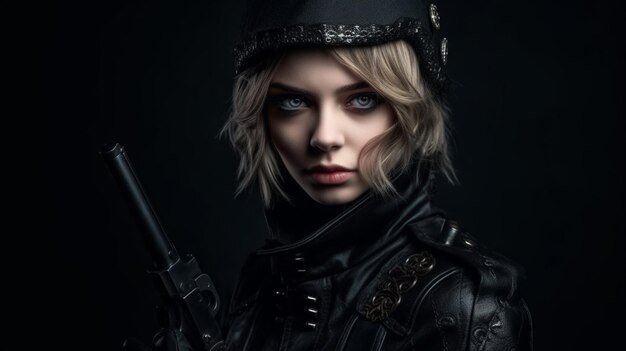 Portrait of a beautiful steampunk woman in leather jacket and helmetgenerative ai