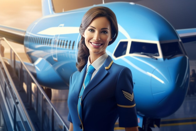 Foto ritratto di una bella hostess in uniforme in piedi davanti all'aereo ai generato