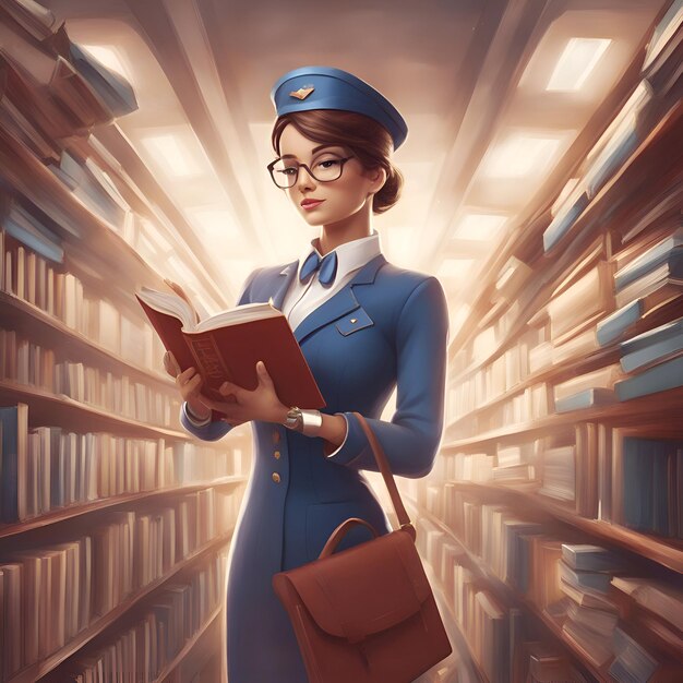 Foto ritratto di una bella hostess in uniforme in piedi nella biblioteca