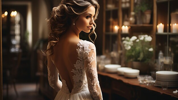Foto ritratto di una bella sposa elegante con un'elegante acconciatura vista da dietro