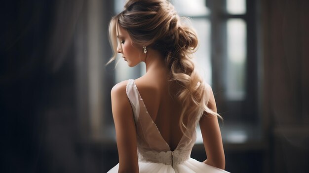 Portrait of a beautiful stylish bride with an elegant hairstyle view froPortrait of a beaum the back