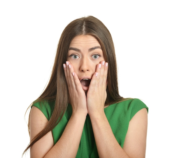 Portrait of a beautiful surprised woman on white background