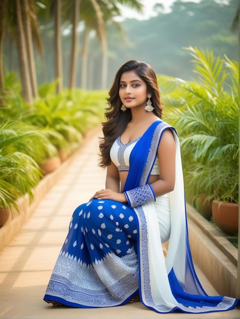 Photo portrait of a beautiful tall elegant and young indian asian woman smiling happily