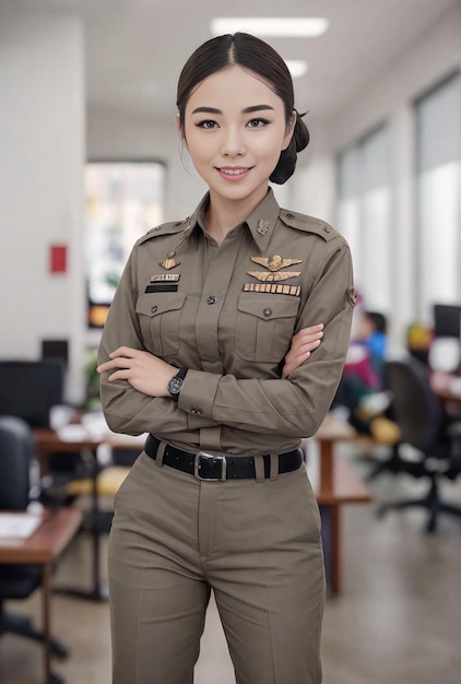 Portrait of beautiful Thai asian police woman wearing uniform Generative AI