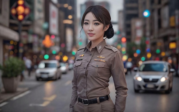 Portrait of beautiful Thai asian police woman wearing uniform Generative AI