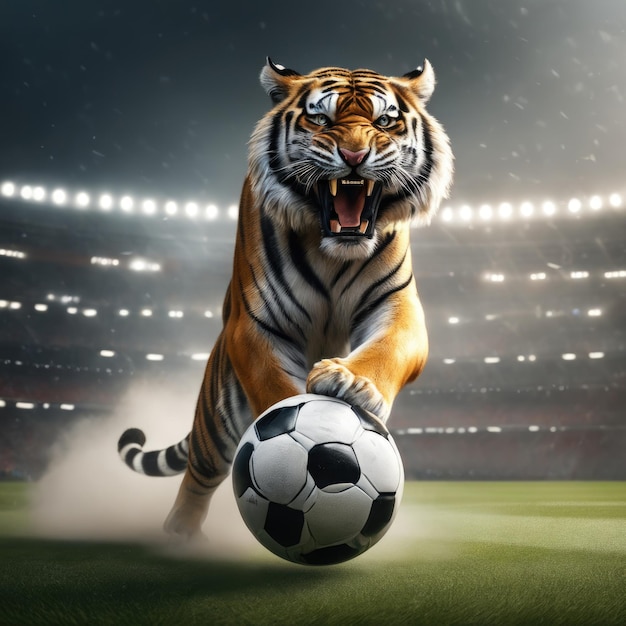 Portrait of a Beautiful tiger with soccer ball furious tiger in stadium background