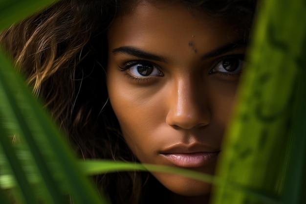Photo portrait of beautiful tropical woman looking through the big green leaf