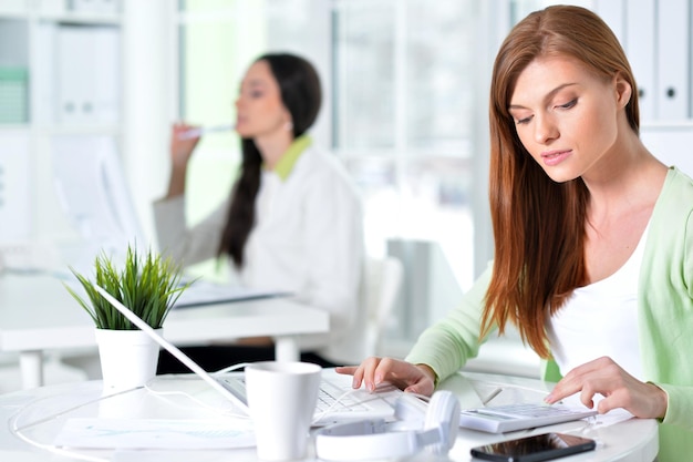 Portrait of beautiful two young businesswomen working at modern office