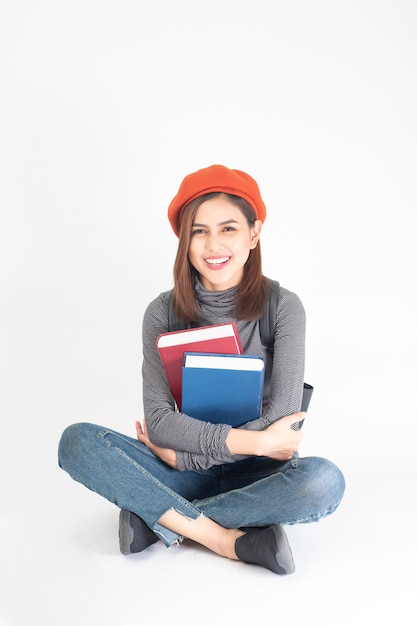 Portrait of Beautiful university woman on white background 