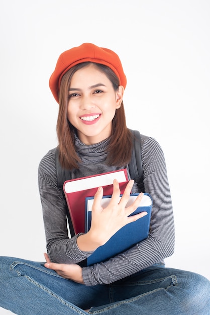 Ritratto di donna bella università su sfondo bianco